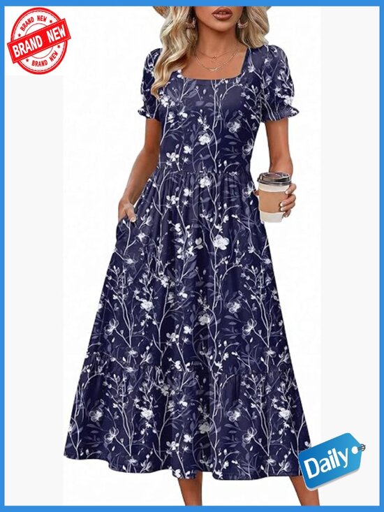 Dresses & Skirts - Flowy Midi Dress with Pockets Short Sleeve Square Neck Tiered Swing Dress